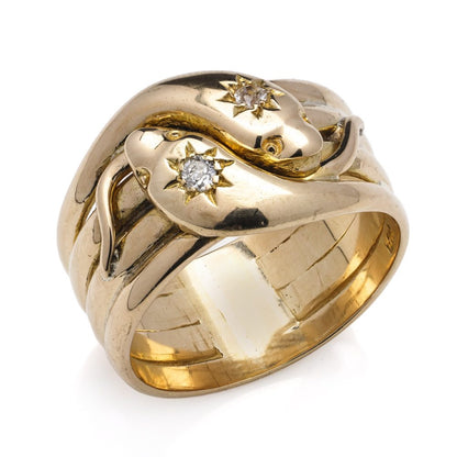 Vintage Double Head Coiled Snake Ring with Diamonds