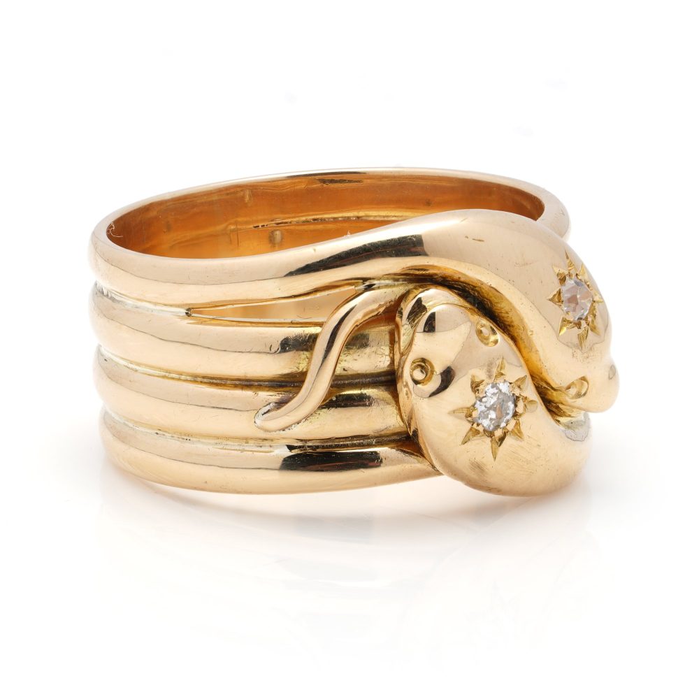 Vintage Double Head Coiled Snake Ring with Diamonds