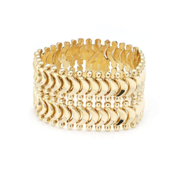 Vintage Retro 18ct Yellow Gold Wide Cuff Bracelet composed of double chevron links. Circa 1940s-1960s
