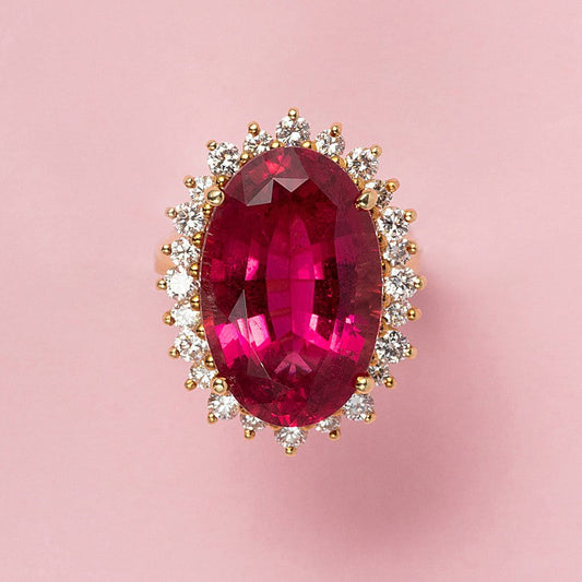 Vintage 17.4ct Oval Pink Tourmaline and Diamond Cluster Ring