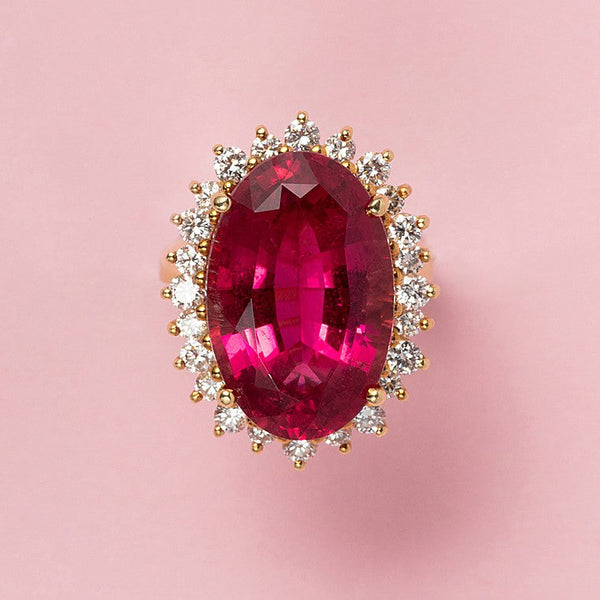 Vintage 17.4ct Oval Pink Tourmaline and Diamond Cluster Ring