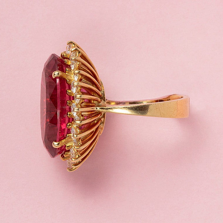 Vintage 17.4ct Oval Pink Tourmaline and Diamond Cluster Ring