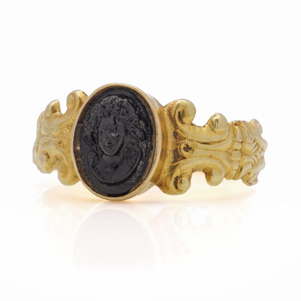 Antique Carved Obsidian Intaglio and Decorative 18ct Yellow Gold Ring