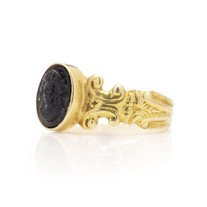 Antique Carved Obsidian Intaglio and Decorative 18ct Yellow Gold Ring
