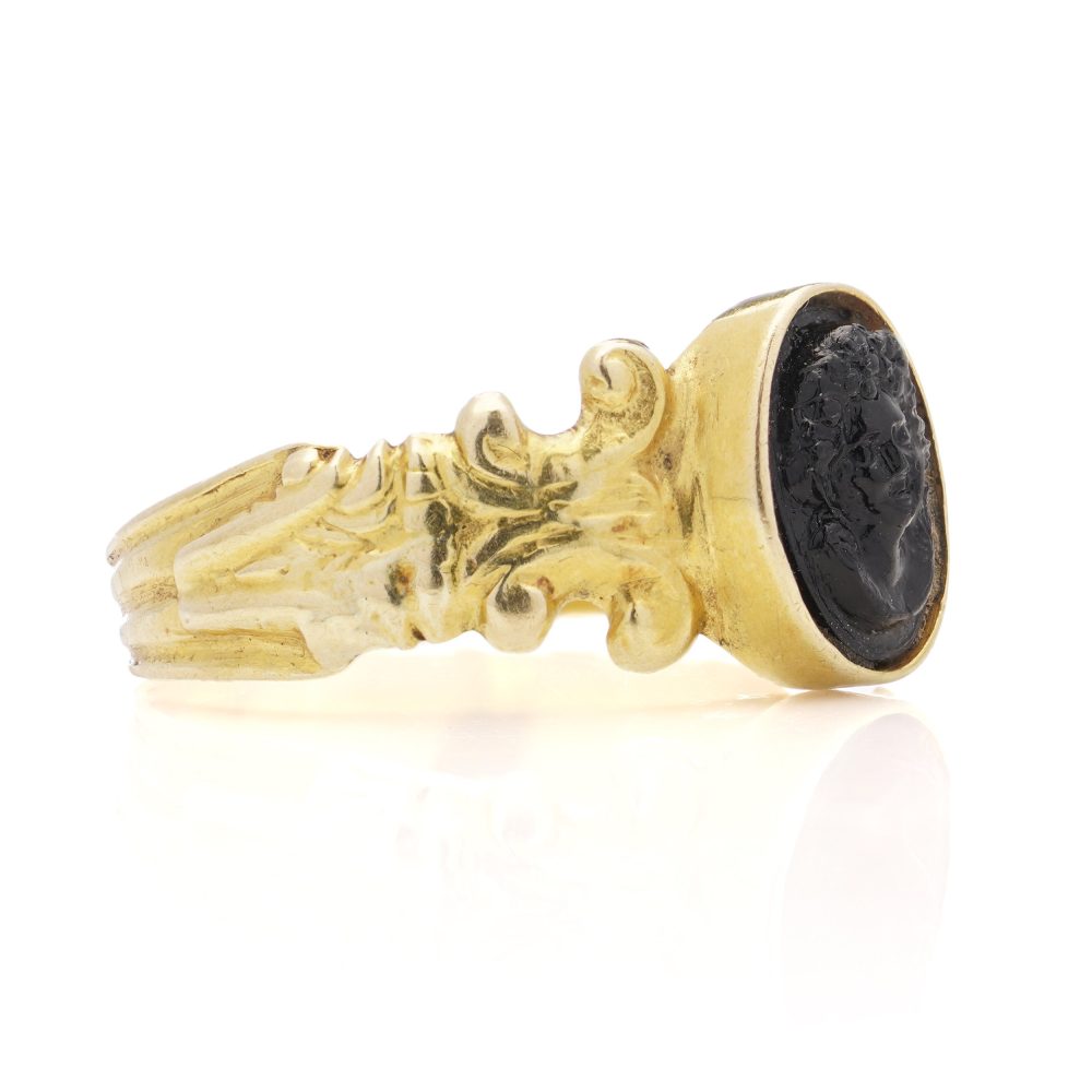 Antique Carved Obsidian Intaglio and Decorative 18ct Yellow Gold Ring