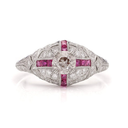 Old European Cut Diamond and Ruby Cluster Engagement Ring in Platinum