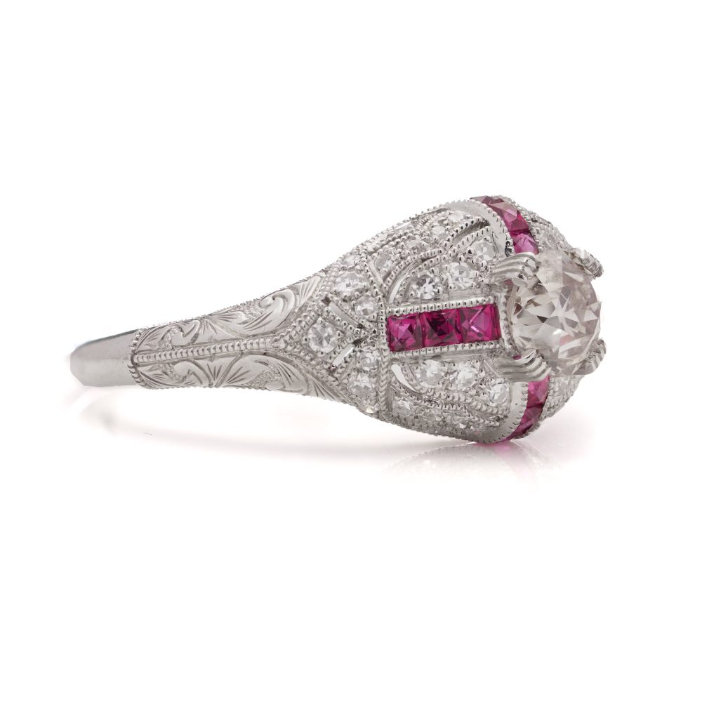 Old European Cut Diamond and Ruby Cluster Engagement Ring in Platinum