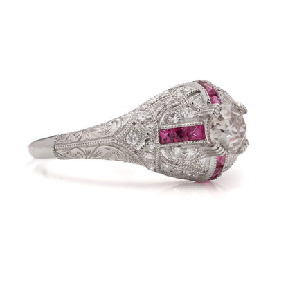 Old European Cut Diamond and Ruby Cluster Engagement Ring in Platinum