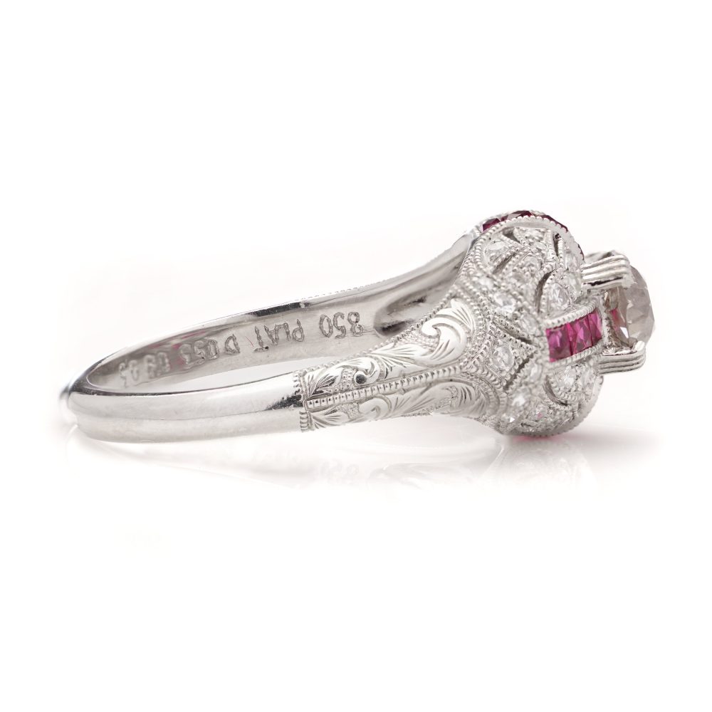 Old European Cut Diamond and Ruby Cluster Engagement Ring in Platinum