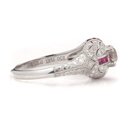 Old European Cut Diamond and Ruby Cluster Engagement Ring in Platinum
