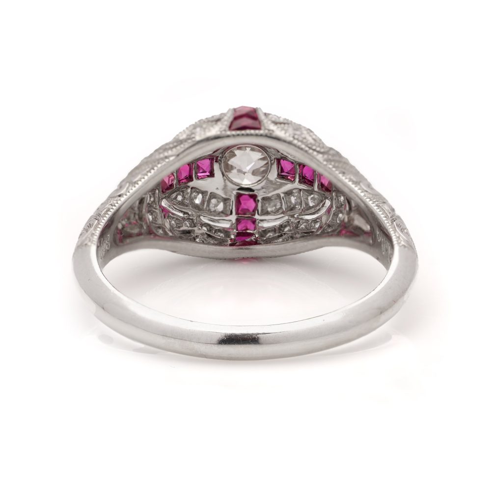 Old European Cut Diamond and Ruby Cluster Engagement Ring in Platinum