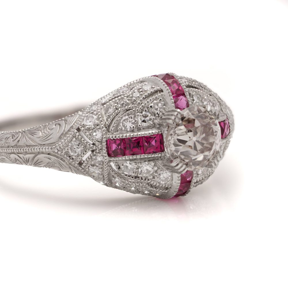 Old European Cut Diamond and Ruby Cluster Engagement Ring in Platinum