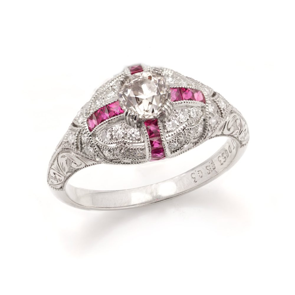 Old European Cut Diamond and Ruby Cluster Engagement Ring in Platinum