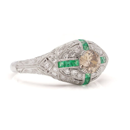 Fancy Champagne Old European Cut Diamond and Emerald Cluster Ring in Platinum