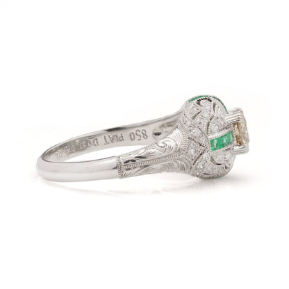 Fancy Champagne Old European Cut Diamond and Emerald Cluster Ring in Platinum