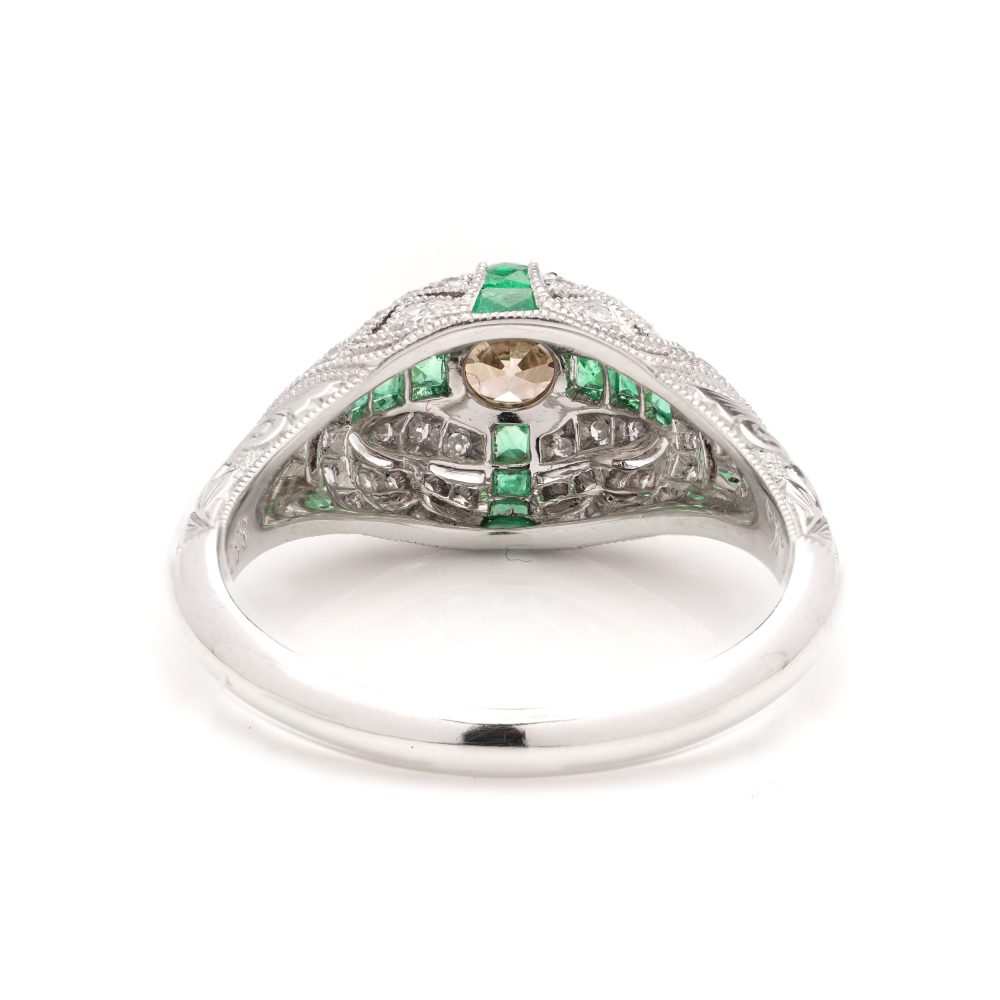 Fancy Champagne Old European Cut Diamond and Emerald Cluster Ring in Platinum