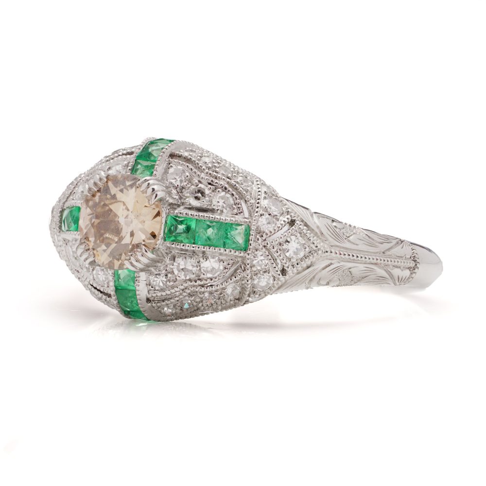 Fancy Champagne Old European Cut Diamond and Emerald Cluster Ring in Platinum