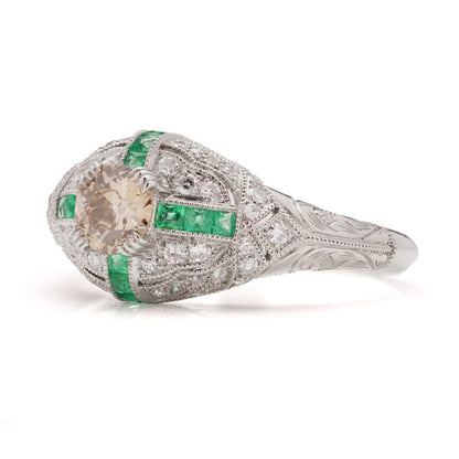 Fancy Champagne Old European Cut Diamond and Emerald Cluster Ring in Platinum