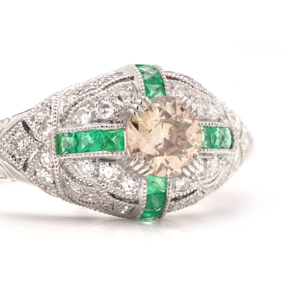 Fancy Champagne Old European Cut Diamond and Emerald Cluster Ring in Platinum