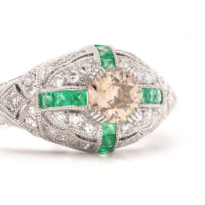 Fancy Champagne Old European Cut Diamond and Emerald Cluster Ring in Platinum