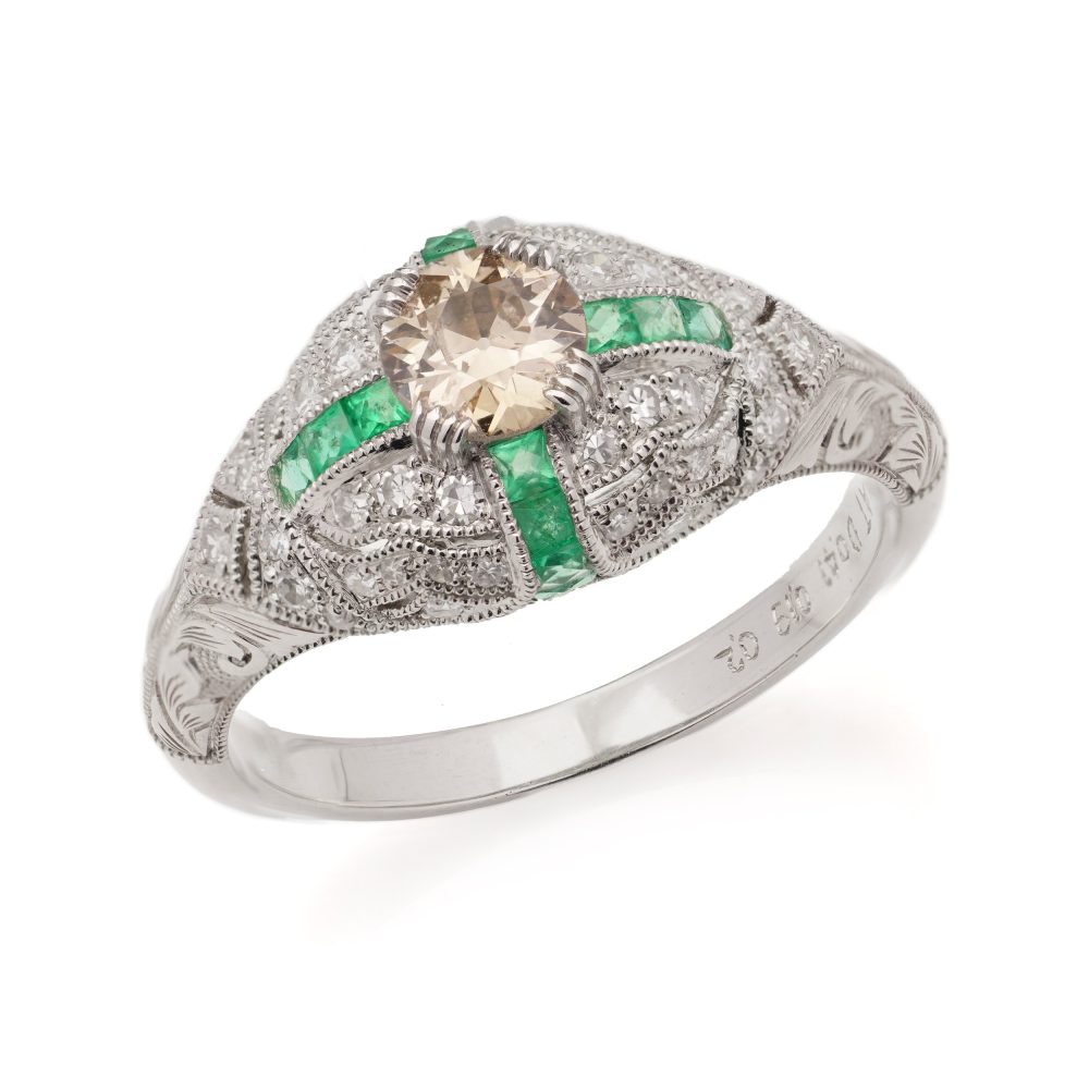 Fancy Champagne Old European Cut Diamond and Emerald Cluster Ring in Platinum