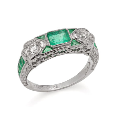 Emerald and Diamond Set Platinum Band Ring