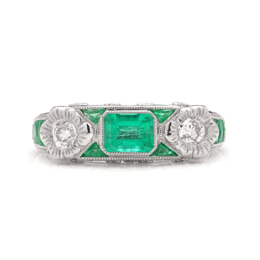 Emerald and Diamond Set Platinum Band Ring