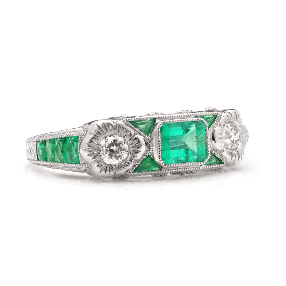 Emerald and Diamond Set Platinum Band Ring