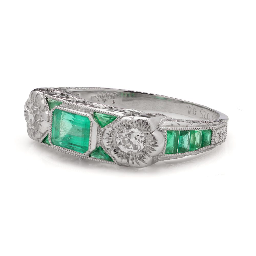 Emerald and Diamond Set Platinum Band Ring
