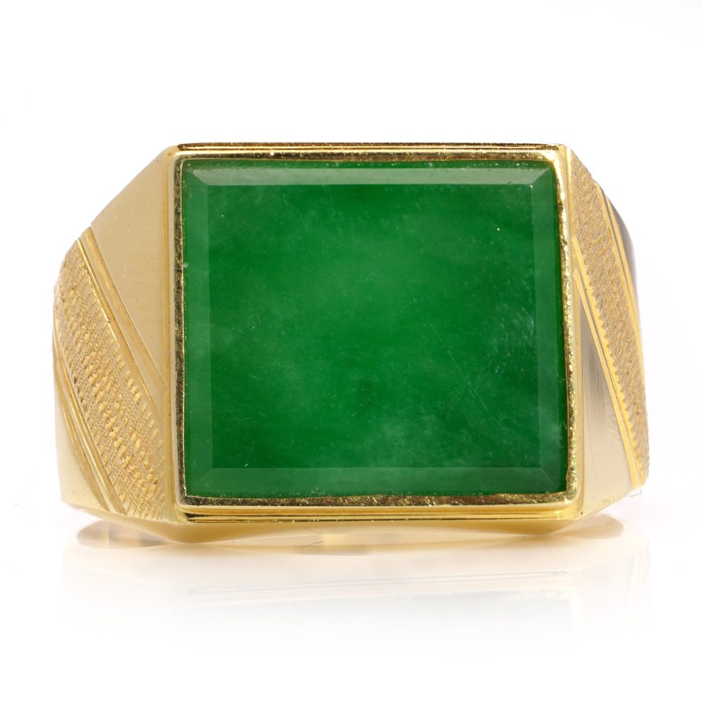 Vintage Chinese square jade and gold men's ring