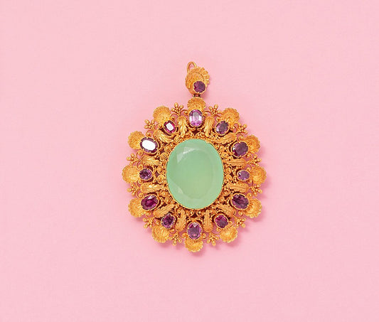 Georgian 18ct Gold Pendant with Chrysoprase & Rubes