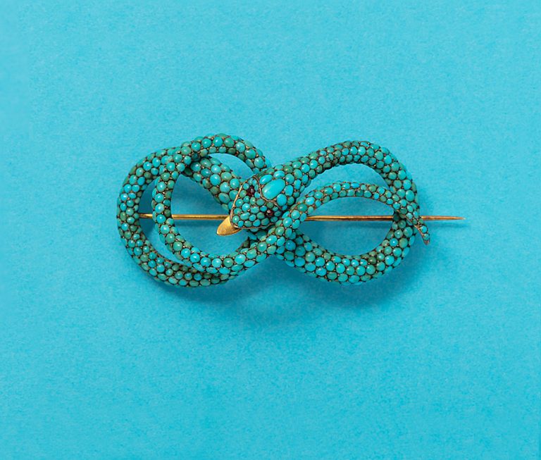 An antique Georgian gold and turquoise snake brooch