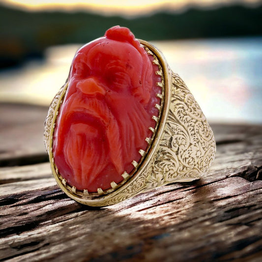 Victorian Antique Carved Coral and 15ct Gold Statement Ring depicting River God Head