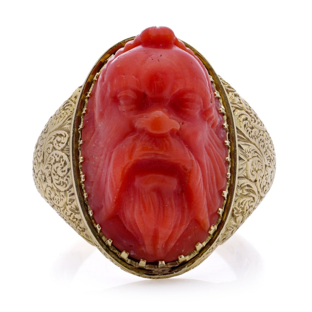 Victorian Antique Carved Coral and 15ct Gold Statement Ring depicting River God Head
