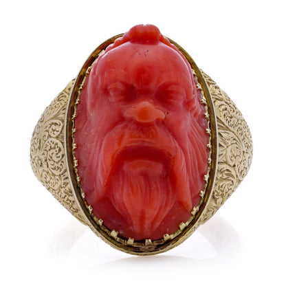 Victorian Antique Carved Coral and 15ct Gold Statement Ring depicting River God Head