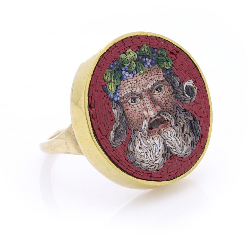19th Century gold micro mosaic ring, featuring a Bacchus head.
