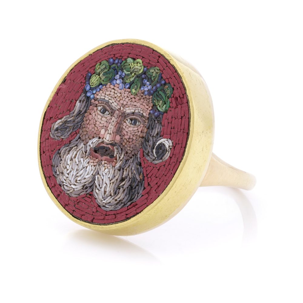 19th Century gold micro mosaic ring, featuring a Bacchus head.
