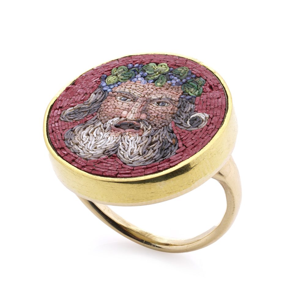 19th Century gold micro mosaic ring, featuring a Bacchus head.
