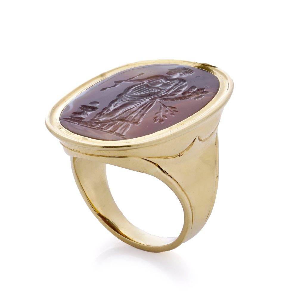 Antique Banded Agate Intaglio of Goddess Ceres and 18ct Yellow Gold Signet Ring