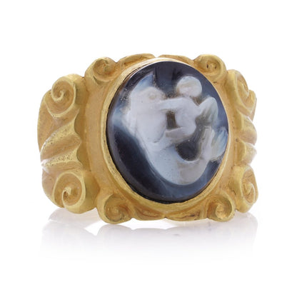 Antique Chalcedony Cameo and 22ct Yellow Gold Ring featuring Eros Cupid riding a dolphin. 19th century Circa 1890s