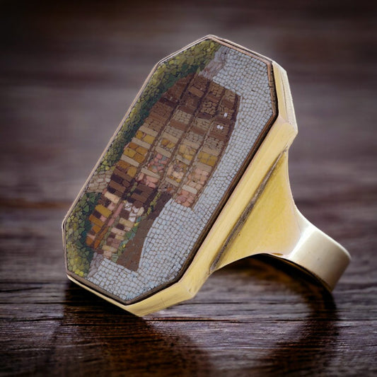 Antique men's gold micro mosaic ring featuring the Colosseum.