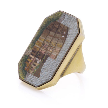 Antique men's gold micro mosaic ring featuring the Colosseum.