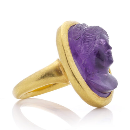 Antique Carved Amethyst Intaglio Ring With Woman's Portrait Circa 1870's in 24 Carat Yellow Gold