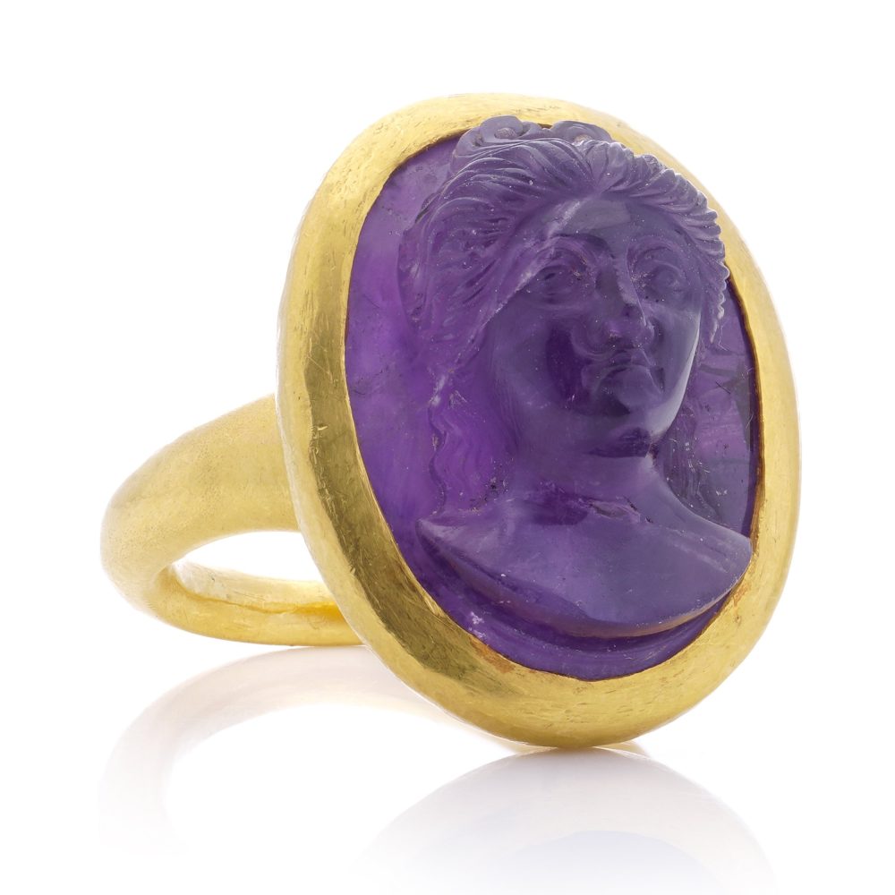Antique Carved Amethyst Intaglio Ring With Woman's Portrait Circa 1870's in 24 Carat Yellow Gold