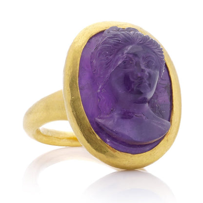 Antique Carved Amethyst Intaglio Ring With Woman's Portrait Circa 1870's in 24 Carat Yellow Gold
