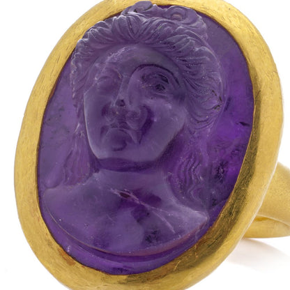 Antique Carved Amethyst Intaglio Ring With Woman's Portrait Circa 1870's in 24 Carat Yellow Gold