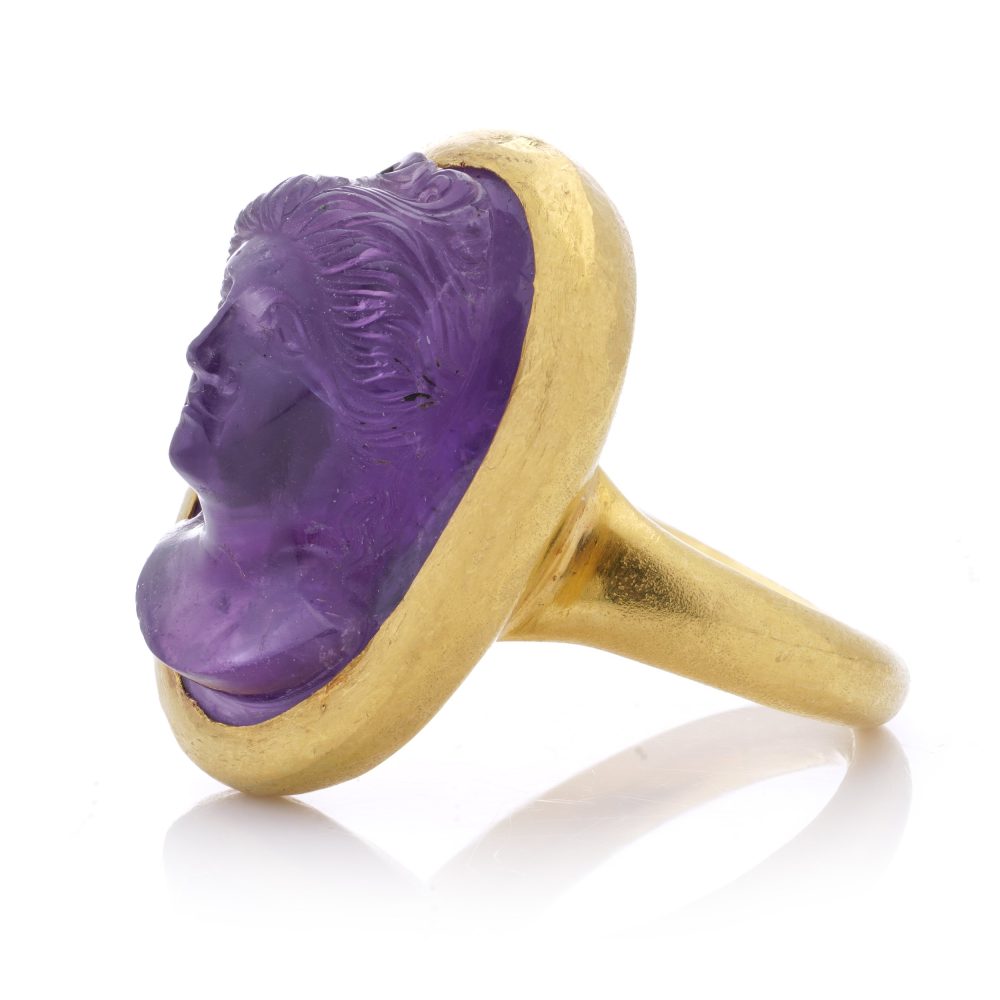 Antique Carved Amethyst Intaglio Ring With Woman's Portrait Circa 1870's in 24 Carat Yellow Gold