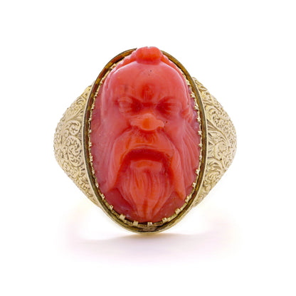 Victorian 15 Carat Gold Coral Ring With Carved River Gods Head