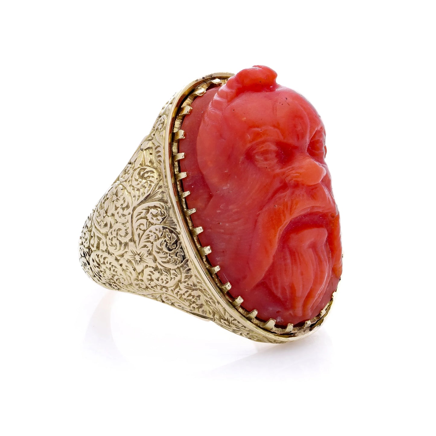 Victorian 15 Carat Gold Coral Ring With Carved River Gods Head