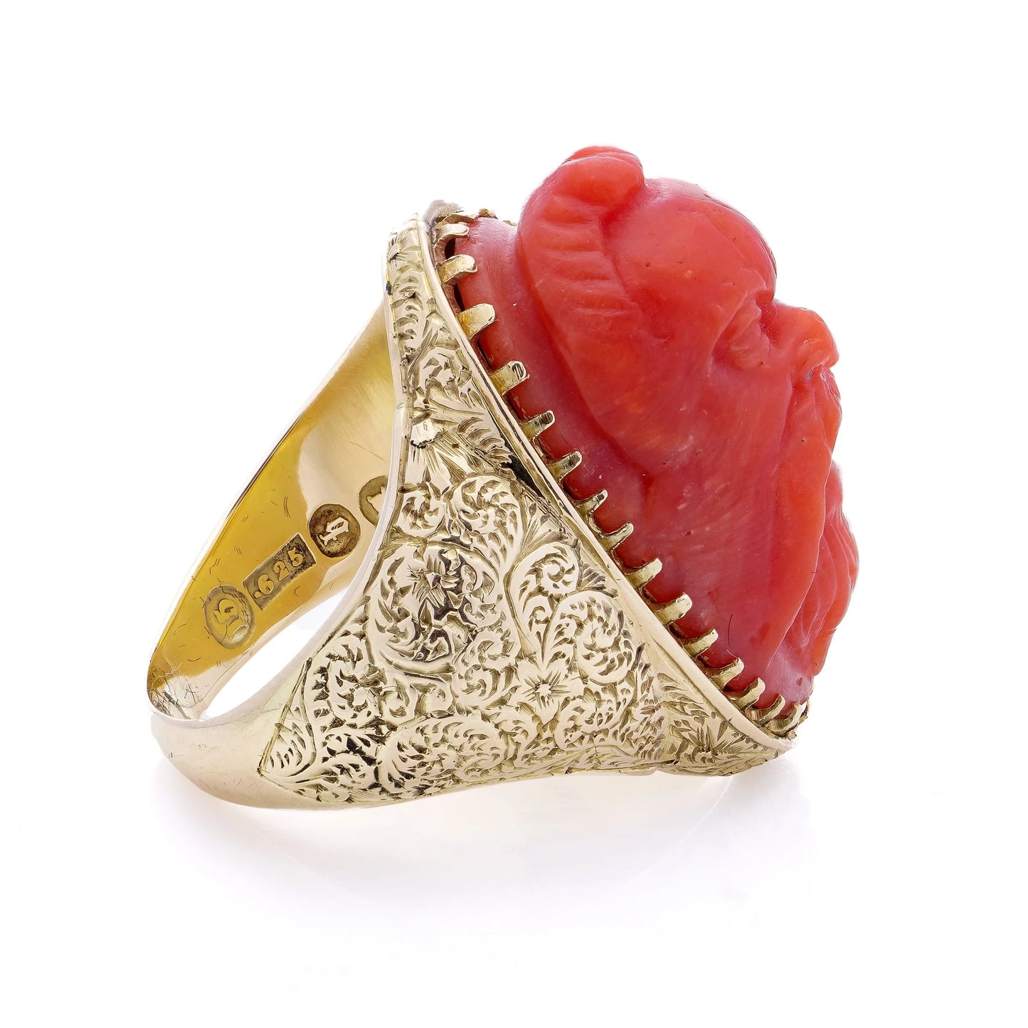Victorian 15 Carat Gold Coral Ring With Carved River Gods Head
